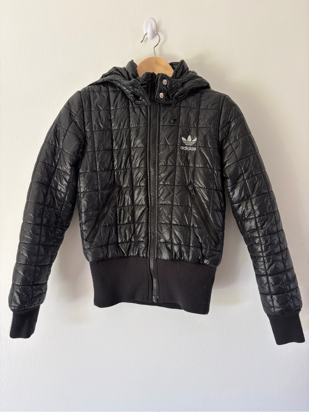 Adidas Originals Sleek Hooded Winter Jacket Black Quilted Puffer Size Small
